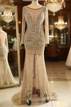 Trumpet Mermaid Scoop Champagne Tulle Beading Luxury Prom Dresses