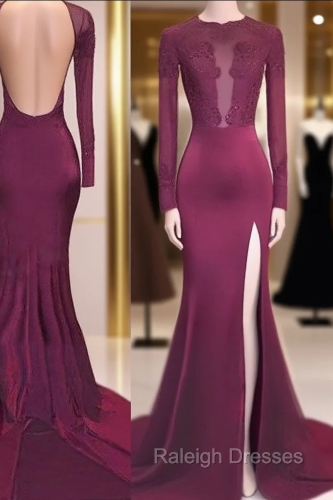 Trumpet/Mermaid Scoop Satin Long Sleeves Applique Sweep/Brush Train Dresses Main image