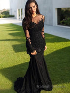 Trumpet/Mermaid Sheer Neck Sweep Train Tulle Prom Dresses With Appliques Lace