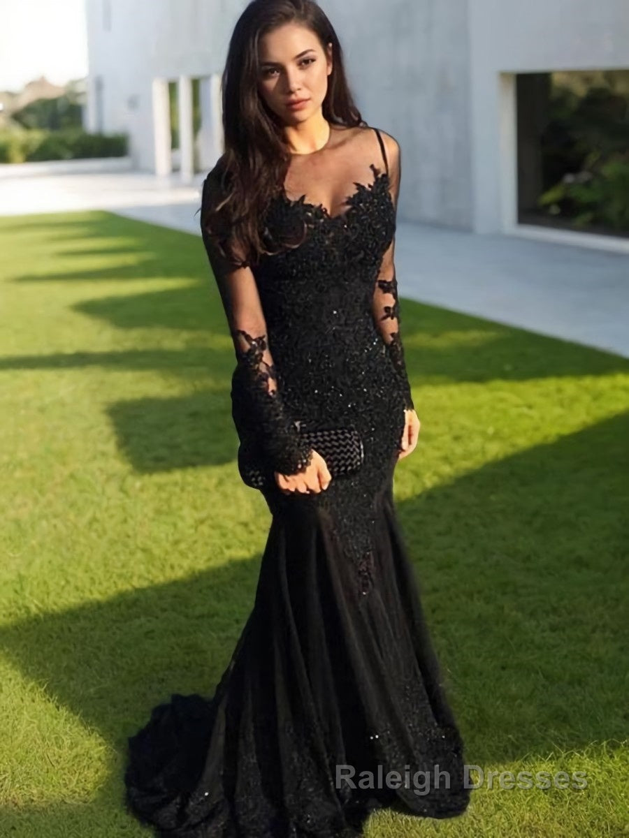 Trumpet/Mermaid Sheer Neck Sweep Train Tulle Prom Dresses With Appliques Lace