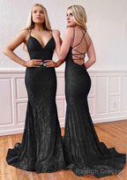 Trumpet/Mermaid Sleeveless Sweep Train Lace Prom Dresses With Pleated