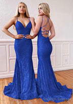 Trumpet/Mermaid Sleeveless Sweep Train Lace Prom Dresses With Pleated