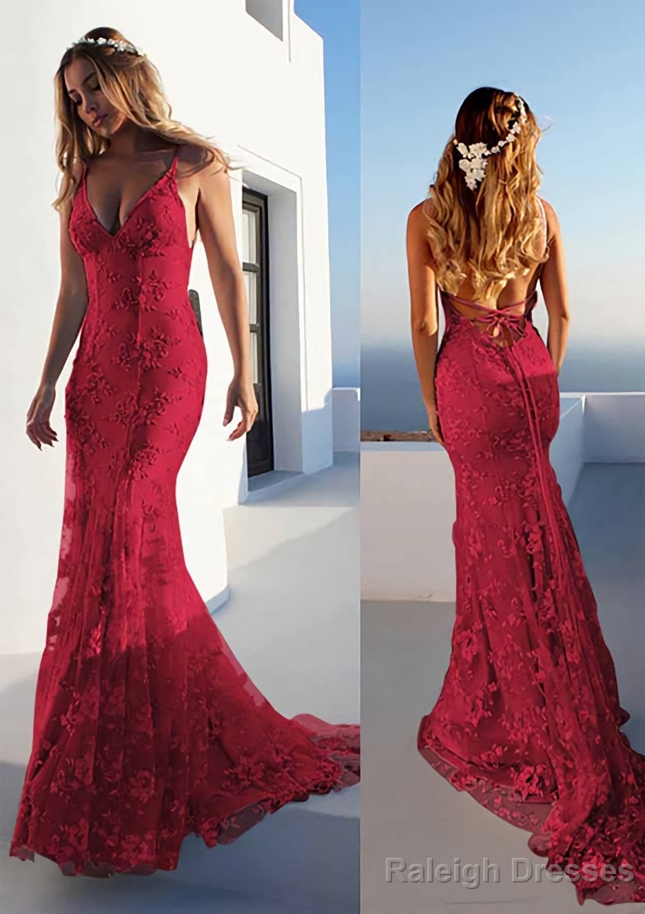 Trumpet/Mermaid Spaghetti Straps Court Train Lace Prom Dresses