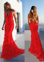 Trumpet/Mermaid Spaghetti Straps Court Train Lace Prom Dresses