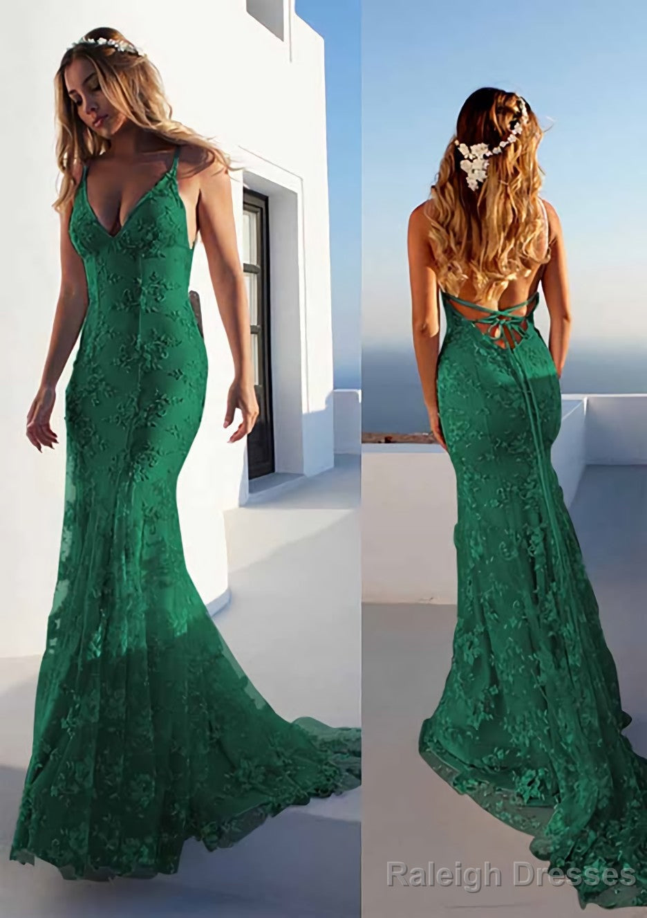 Trumpet/Mermaid Spaghetti Straps Court Train Lace Prom Dresses