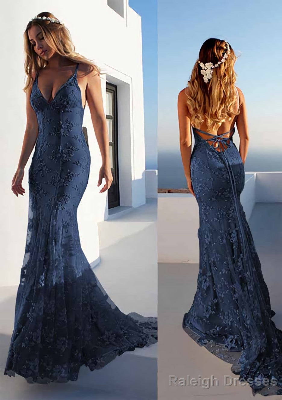 Trumpet/Mermaid Spaghetti Straps Court Train Lace Prom Dress
