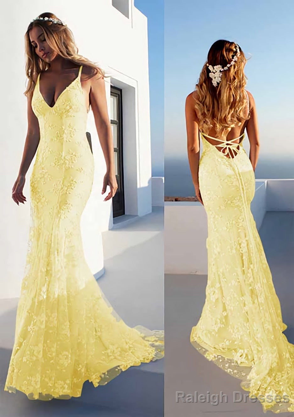 Trumpet/Mermaid Spaghetti Straps Court Train Lace Prom Dresses