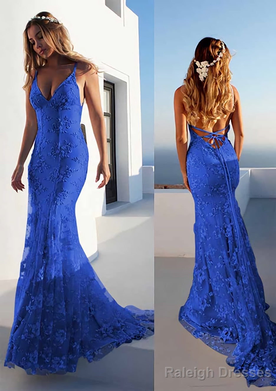 Trumpet/Mermaid Spaghetti Straps Court Train Lace Prom Dresses
