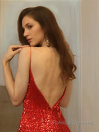 Trumpet/Mermaid Spaghetti Straps Sweep Train Sequins Prom Dresses With Ruffles
