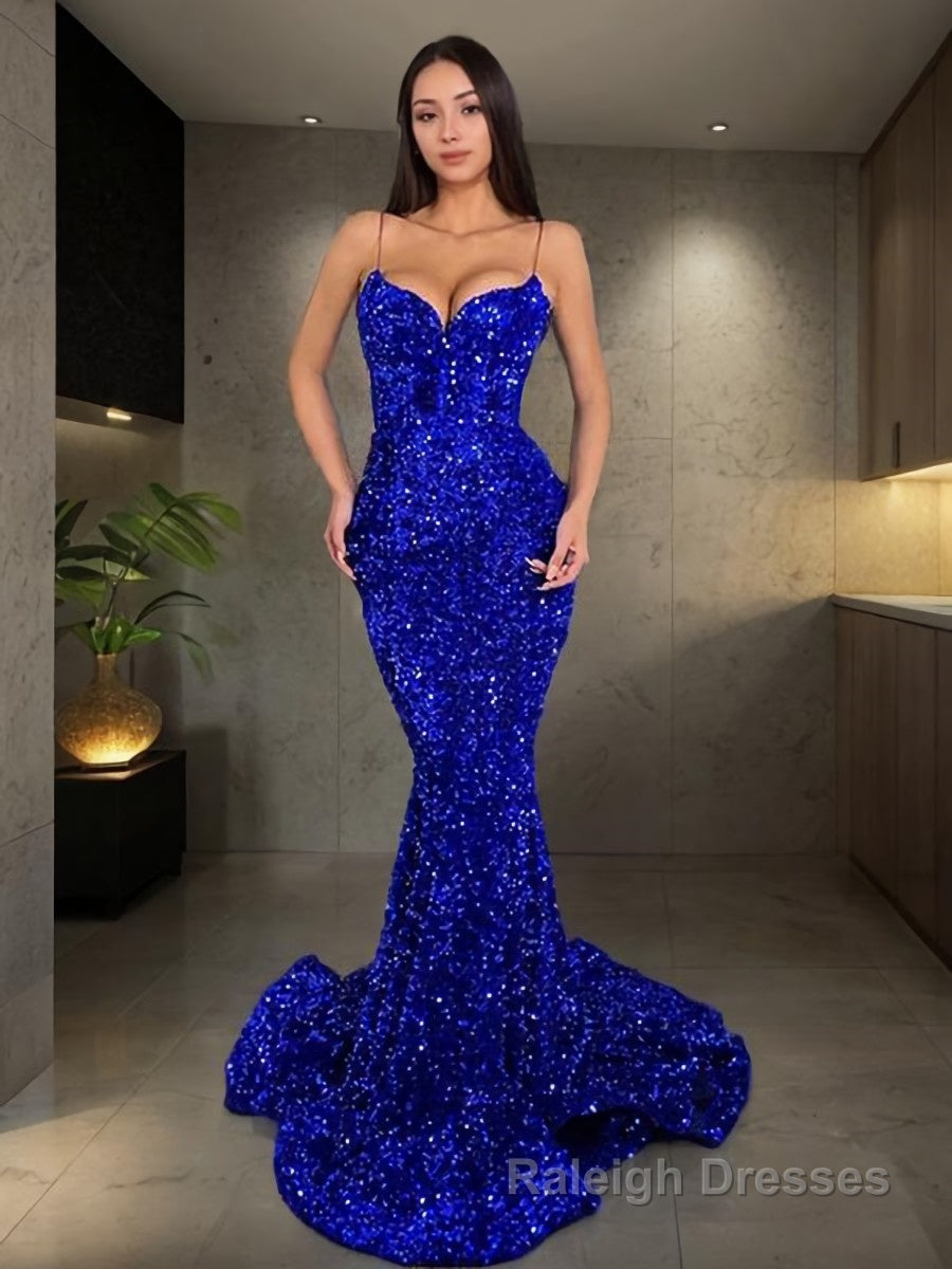 Trumpet/Mermaid Spaghetti Straps Sweep Train Velvet Sequins Prom Dresses Main image