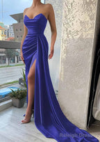 Trumpet/Mermaid Sweetheart Strapless Court Train Satin Prom Dresses With Pleated Split