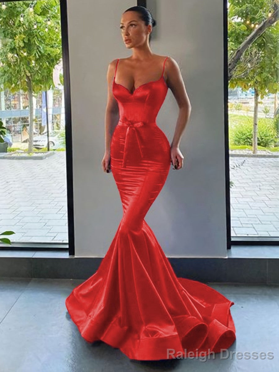 Trumpet/Mermaid Sweetheart Sweep Train Silk like Satin Prom Dresses With Belt/Sash