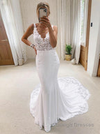 Trumpet/Mermaid V Neck Cathedral Train Stretch Crepe Wedding Dresses With Appliques Lace