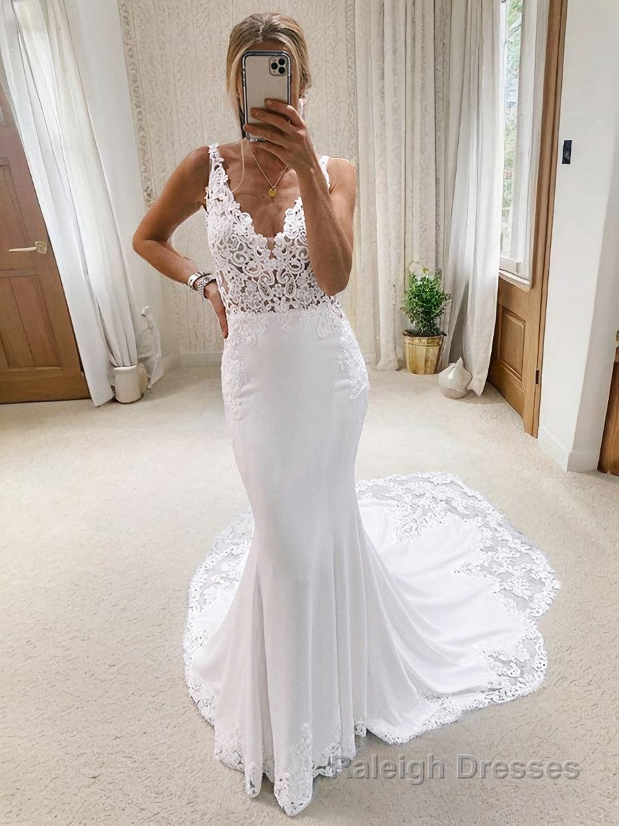 Trumpet/Mermaid V Neck Cathedral Train Stretch Crepe Wedding Dresses With Appliques Lace