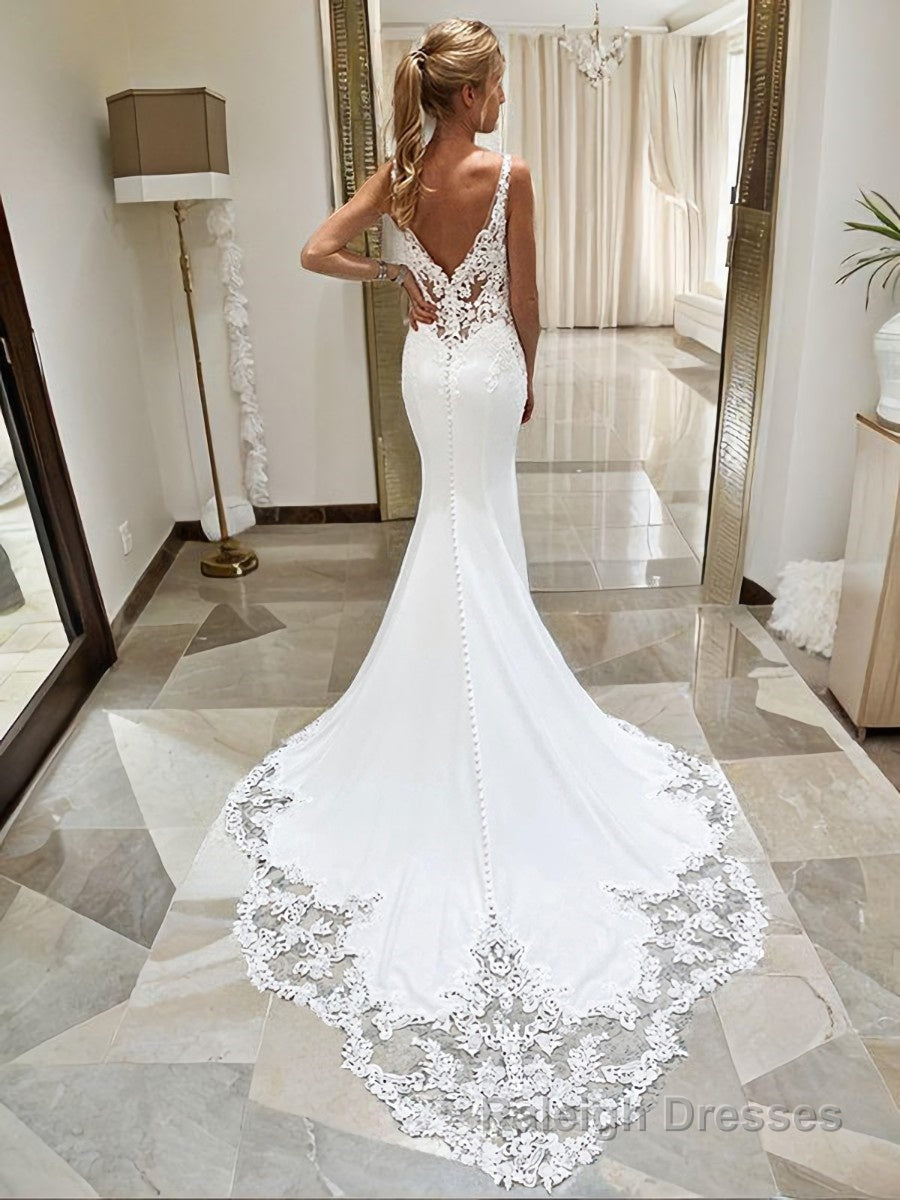 Trumpet/Mermaid V Neck Cathedral Train Stretch Crepe Wedding Dresses With Appliques Lace