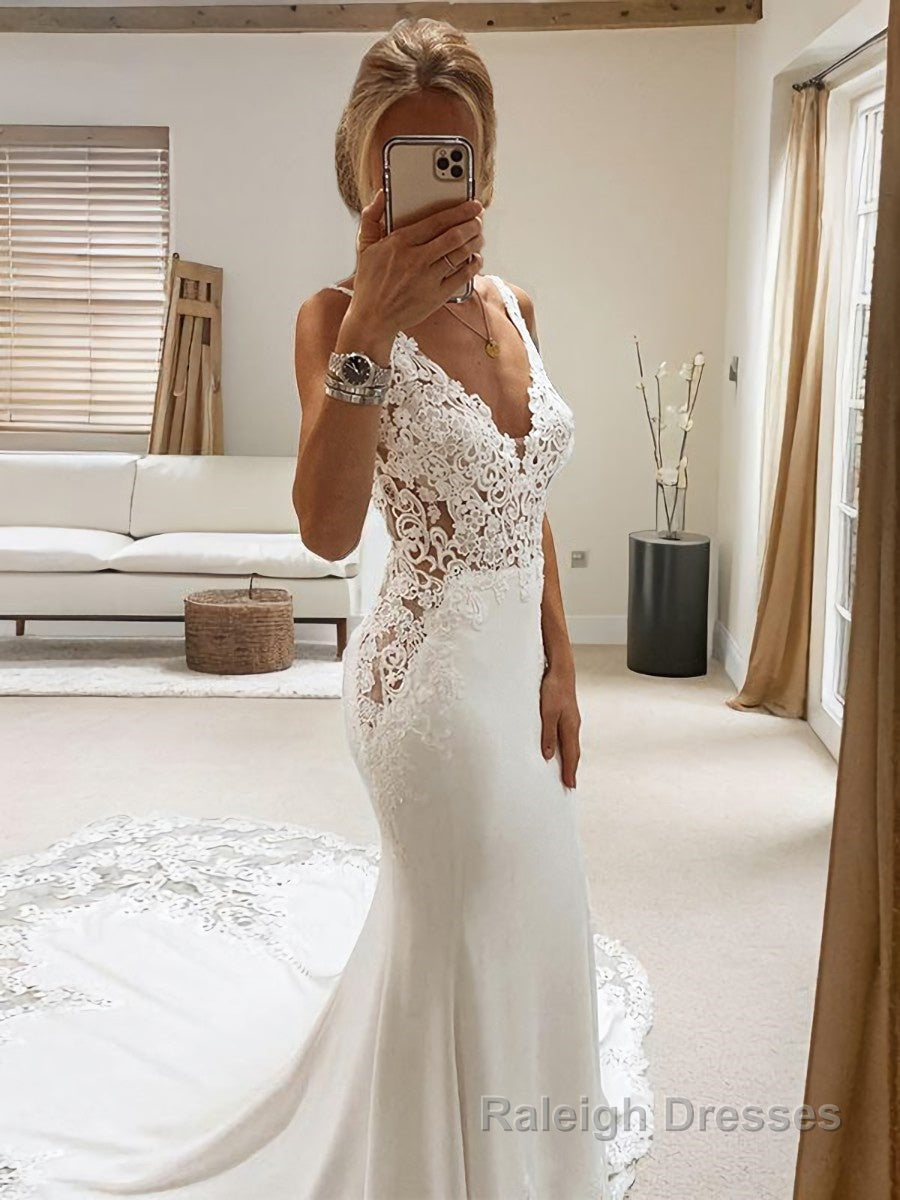 Trumpet/Mermaid V Neck Cathedral Train Stretch Crepe Wedding Dresses With Appliques Lace