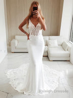 Trumpet/Mermaid V Neck Cathedral Train Stretch Crepe Wedding Dresses With Appliques Lace