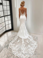 Trumpet/Mermaid V Neck Cathedral Train Stretch Crepe Wedding Dresses With Appliques Lace