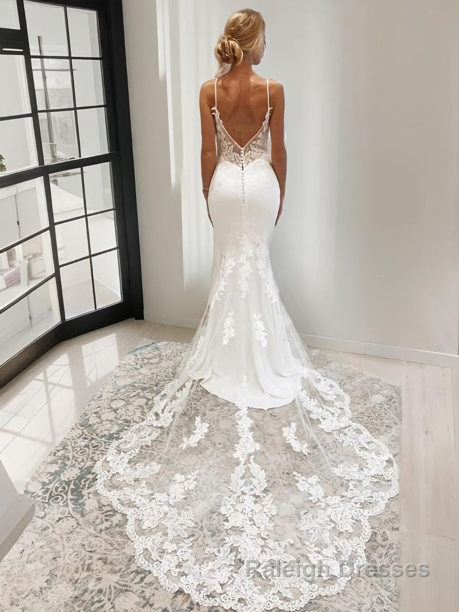 Trumpet/Mermaid V Neck Cathedral Train Stretch Crepe Wedding Dresses With Appliques Lace