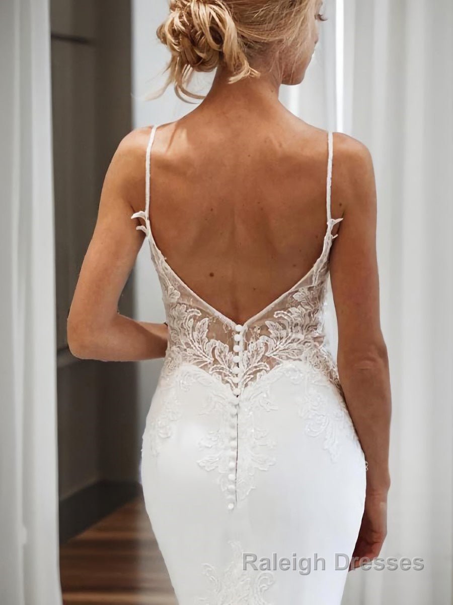 Trumpet/Mermaid V Neck Cathedral Train Stretch Crepe Wedding Dresses With Appliques Lace