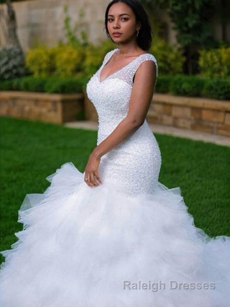 Trumpet/Mermaid V-neck Cathedral Train Tulle Wedding Dresses With Beading Main image