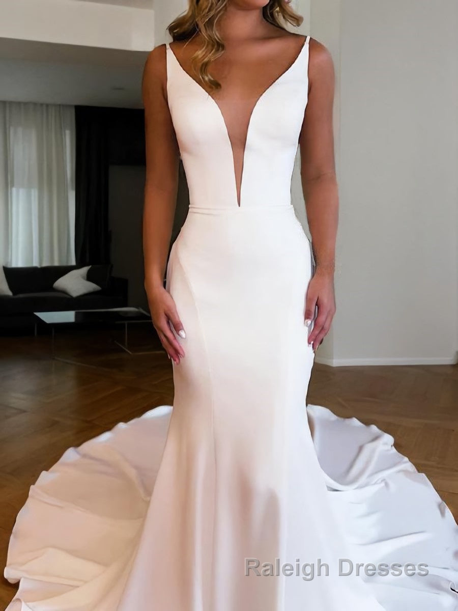 Trumpet/Mermaid V Neck Chapel Train Charmeuse Wedding Dresses
