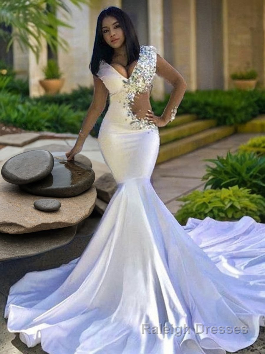 Trumpet/Mermaid V Neck Chapel Train Elastic Woven Satin Prom Dresses With Beading Main image