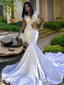 Trumpet/Mermaid V Neck Chapel Train Elastic Woven Satin Prom Dresses With Beading
