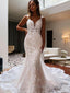 Trumpet/Mermaid V Neck Cathedral Train Tulle Wedding Dress with Appliques Lace