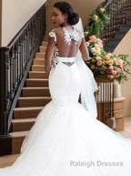 Trumpet/Mermaid V Neck Chapel Train Tulle Wedding Dresses With Appliques Lace