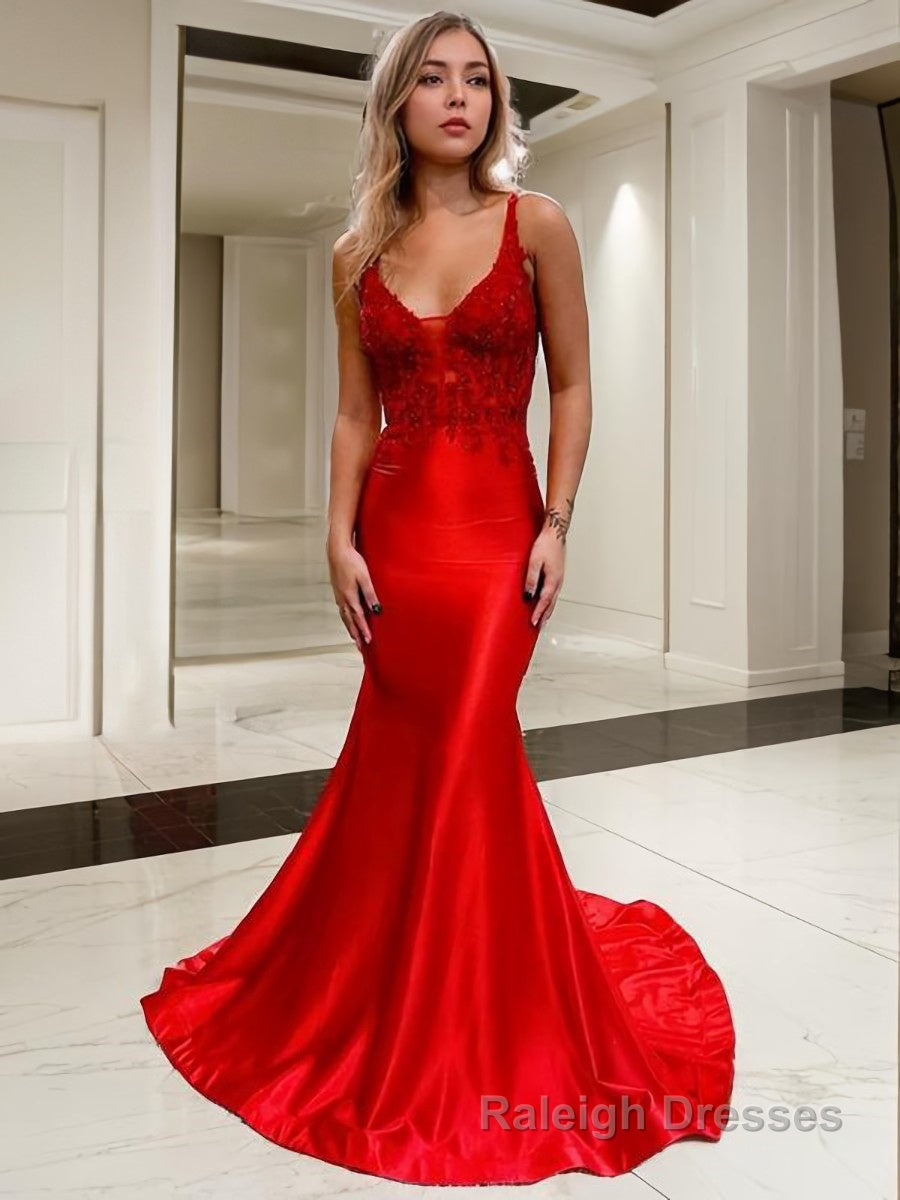 Trumpet/Mermaid V Neck Court Train Elastic Woven Satin Prom Dresses With Appliques Lace Secondary image