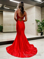 Trumpet/Mermaid V Neck Court Train Elastic Woven Satin Prom Dresses With Appliques Lace
