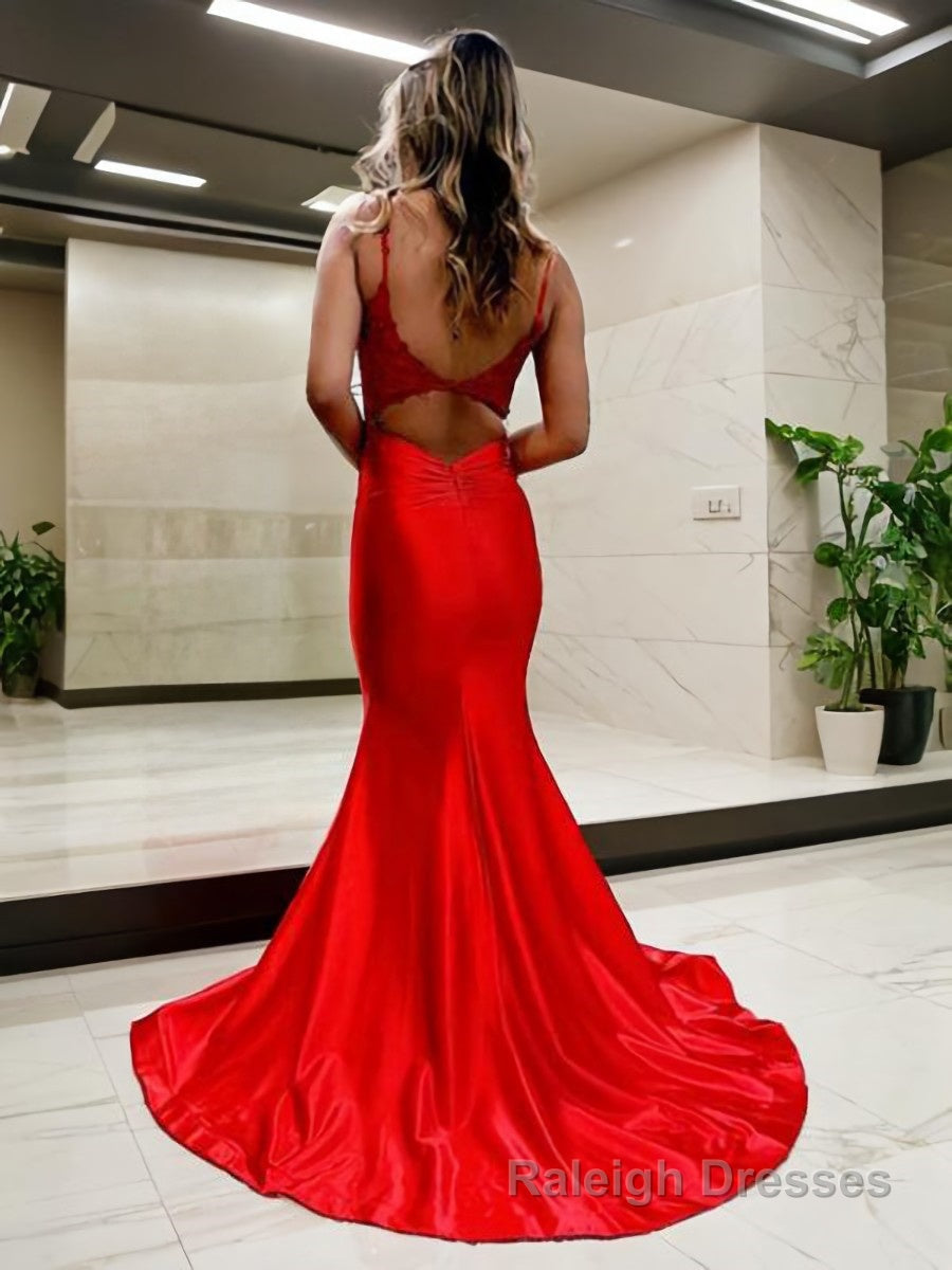 Trumpet/Mermaid V Neck Court Train Elastic Woven Satin Prom Dresses With Appliques Lace