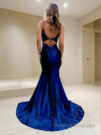Trumpet/Mermaid V Neck Court Train Elastic Woven Satin Prom Dresses With Appliques Lace