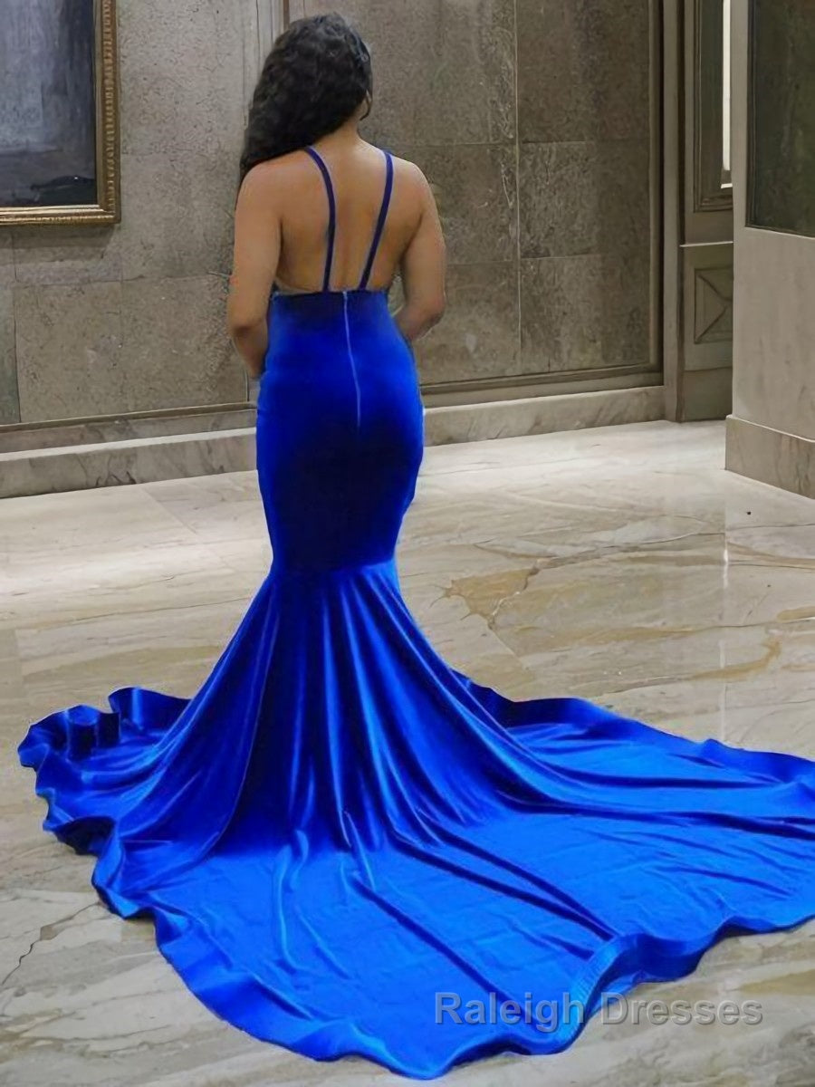 Trumpet/Mermaid V Neck Court Train Elastic Woven Satin Prom Dresses With Appliques Lace Secondary image
