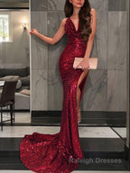 Trumpet/Mermaid V Neck Court Train Sequins Prom Dresses With Leg Slit