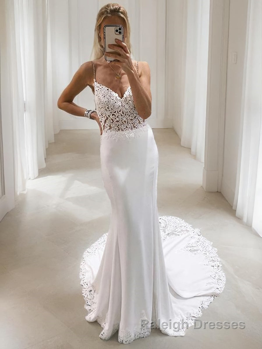 Trumpet/Mermaid V Neck Court Train Stretch Crepe Wedding Dresses With Appliques Lace Main image