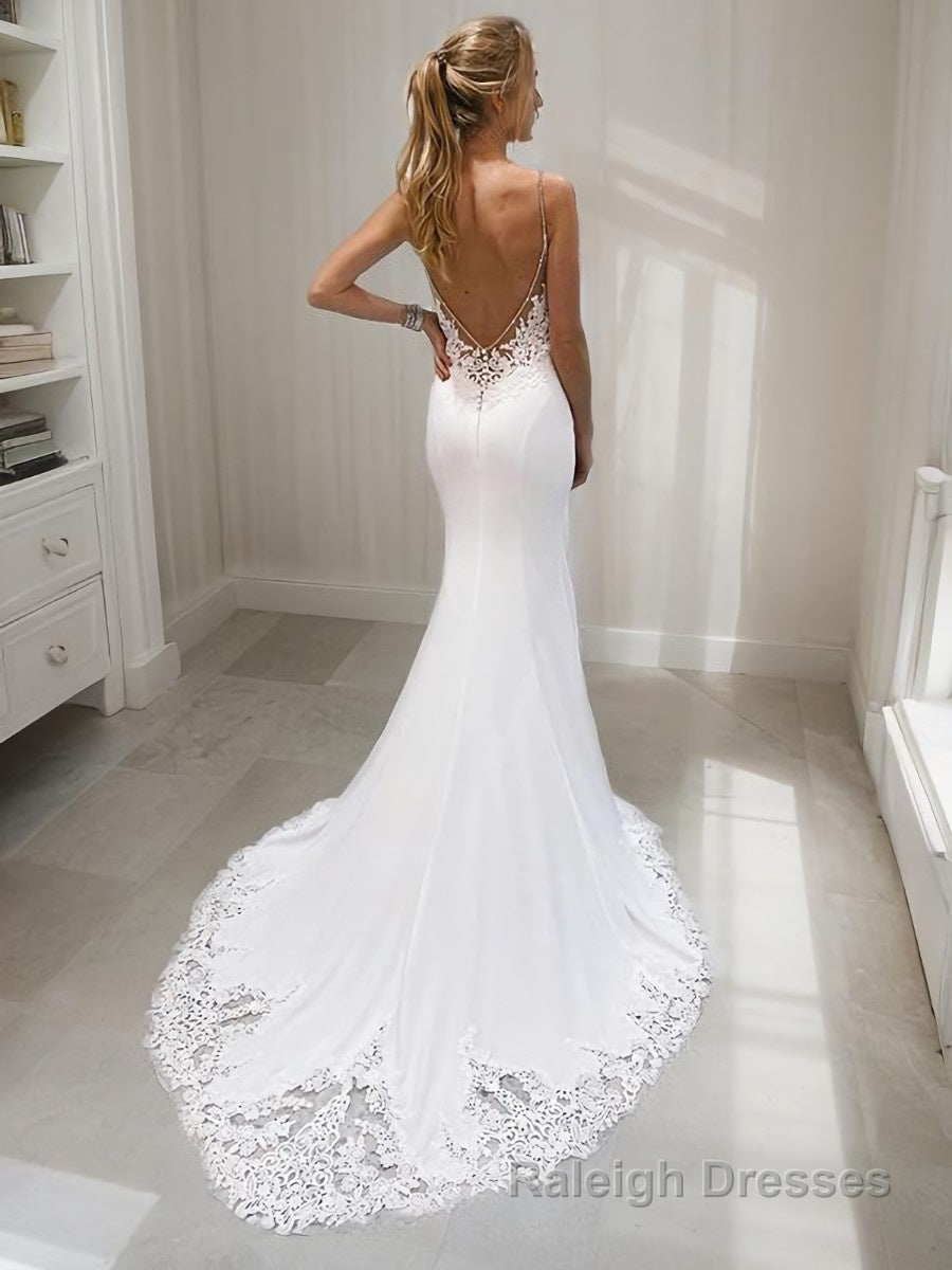 Trumpet/Mermaid V Neck Court Train Stretch Crepe Wedding Dresses With Appliques Lace Secondary image