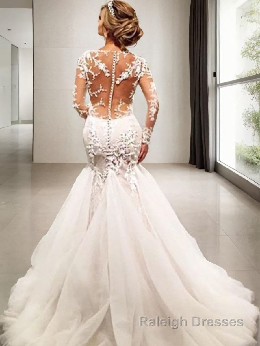 Trumpet/Mermaid V Neck Court Train Tulle Wedding Dresses With Appliques Lace
