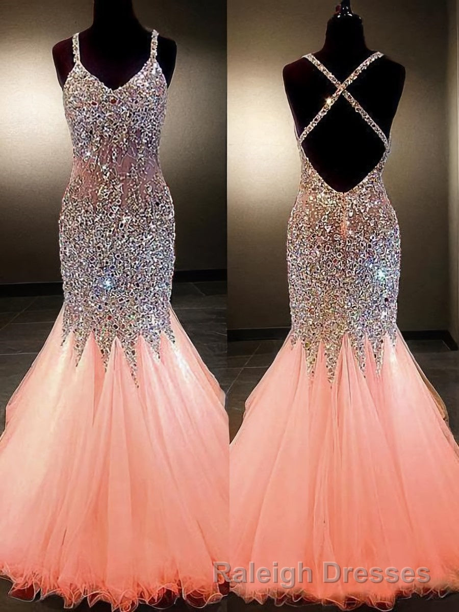 Trumpet/Mermaid V Neck Floor Length Tulle Prom Dress With Rhinestone