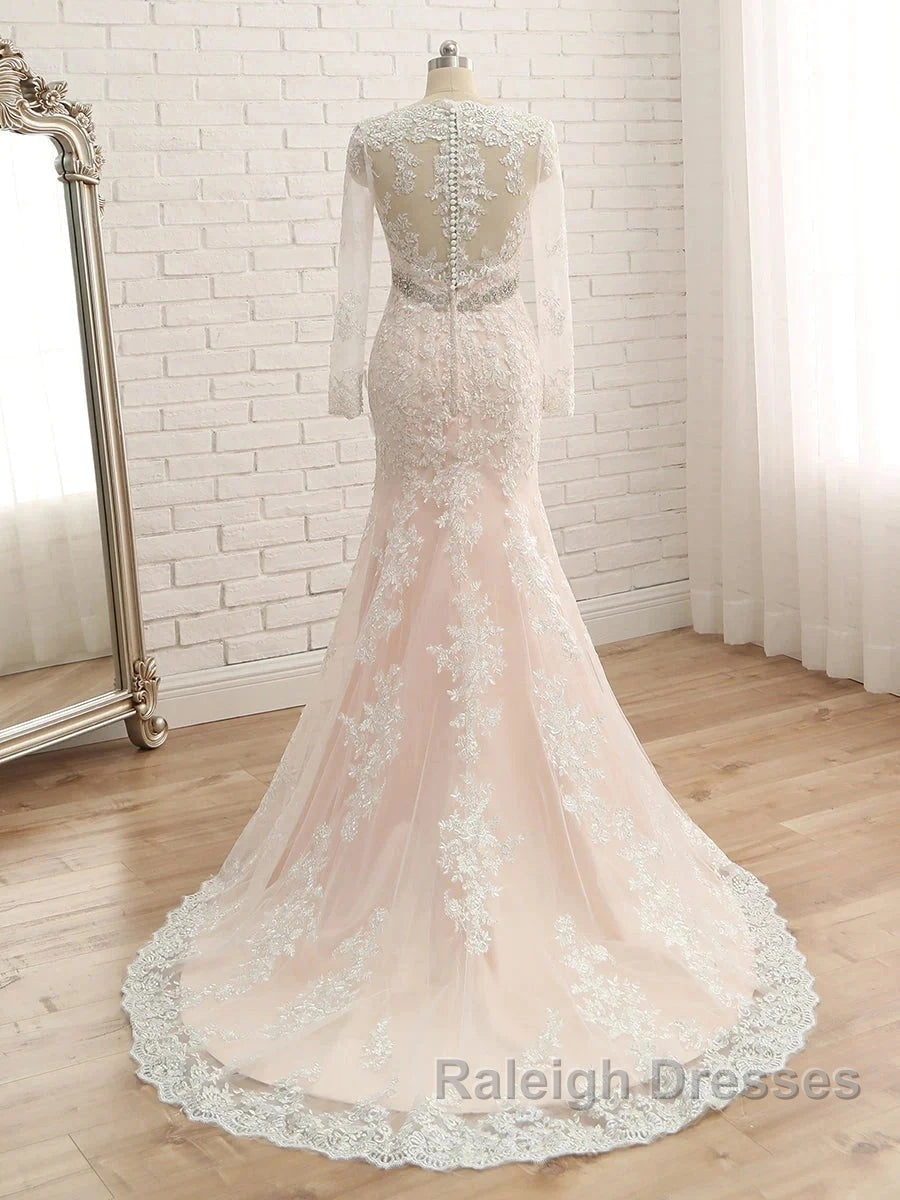 Trumpet/Mermaid V-Neck Long Sleeves Applique With Rhinestone Tulle Floor-Length Wedding Dresses Secondary image