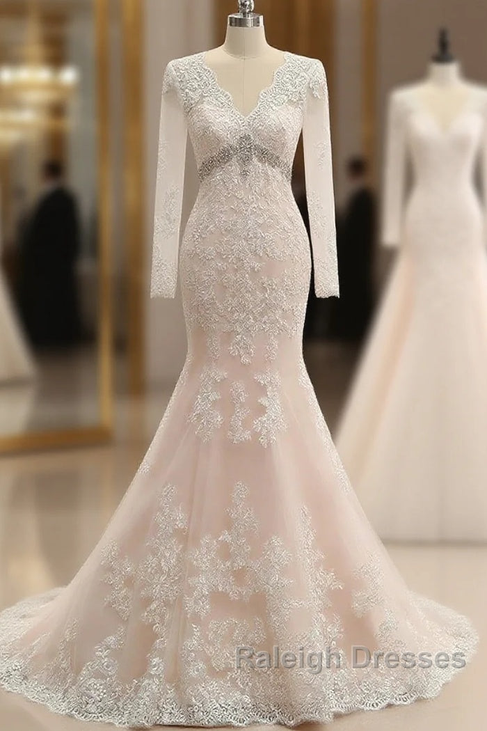 Trumpet/Mermaid V-Neck Long Sleeves Applique With Rhinestone Tulle Floor-Length Wedding Dress Main image