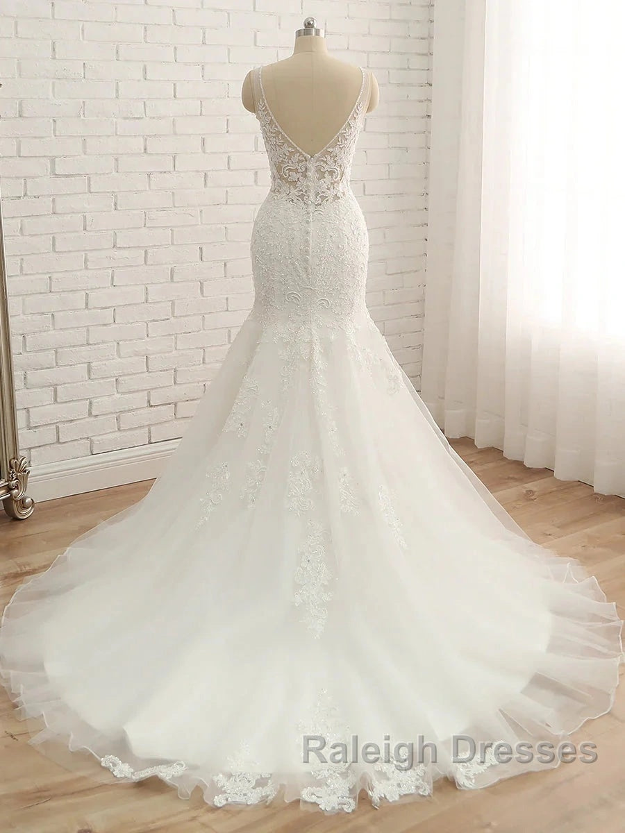 Trumpet/Mermaid V-Neck Sleeveless Applique With Beading Tulle Court Train Wedding Dresses Secondary image