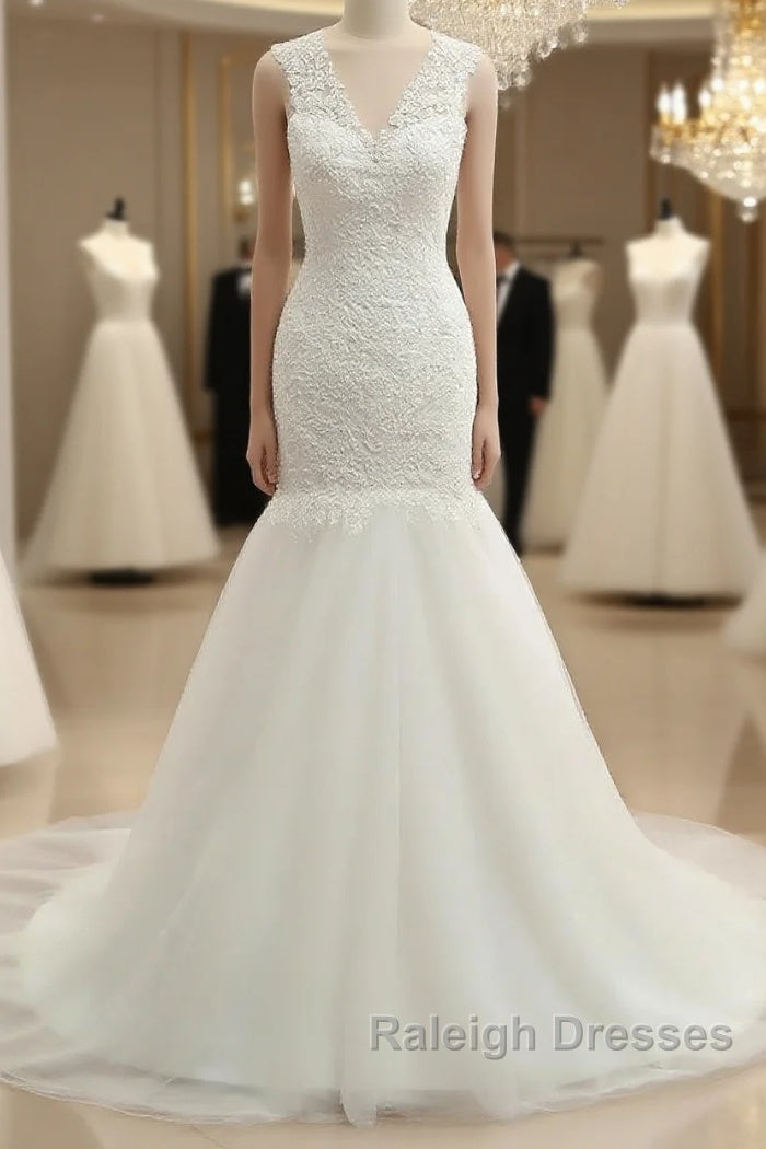 Trumpet/Mermaid V-Neck Sleeveless Applique With Sequin Tulle Court Train Wedding Dress Main image