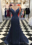 Trumpet/Mermaid V Neck Sleeveless Court Train Lace Tulle Prom Dresses