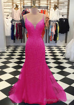 Trumpet/Mermaid V Neck Sleeveless Court Train Lace Tulle Prom Dresses