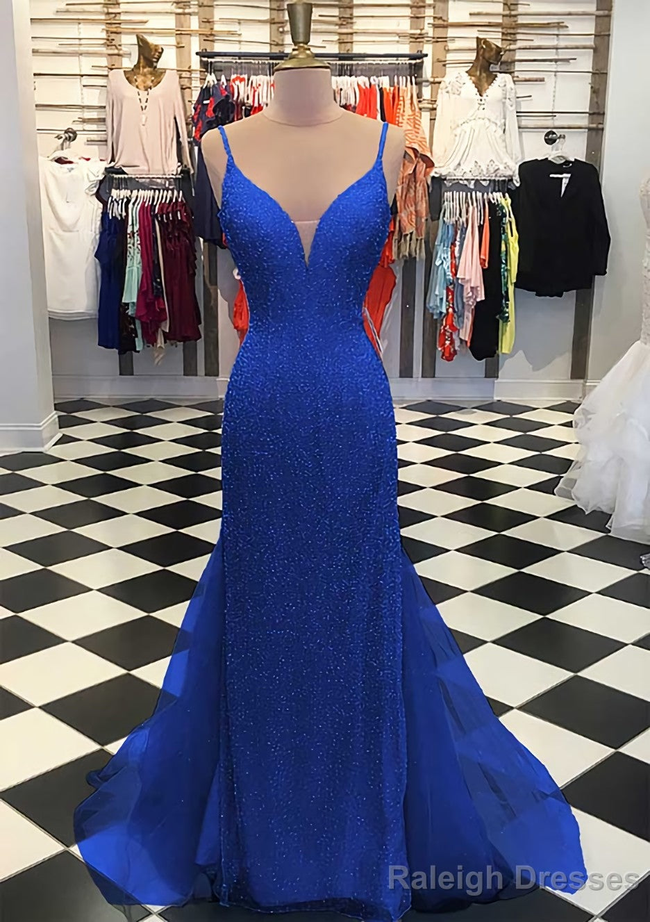 Trumpet/Mermaid V Neck Sleeveless Court Train Lace Tulle Prom Dresses Secondary image