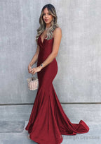 Trumpet/Mermaid V Neck Sleeveless Sweep Train Jersey Prom Dresses
