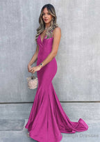 Trumpet/Mermaid V Neck Sleeveless Sweep Train Jersey Prom Dresses