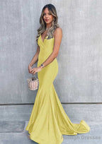 Trumpet/Mermaid V Neck Sleeveless Sweep Train Jersey Prom Dress